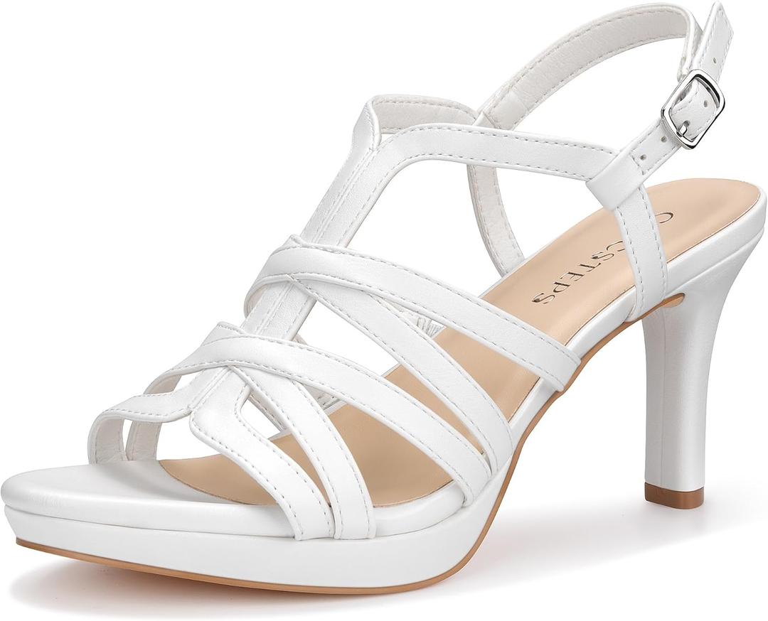 Women's Strappy Plaform Heels,Ankle Strap Stiletto High Heels with Round Toe & Slip-Resistant Sole for Wedding,Party,Evening Dress (8, White Pu)