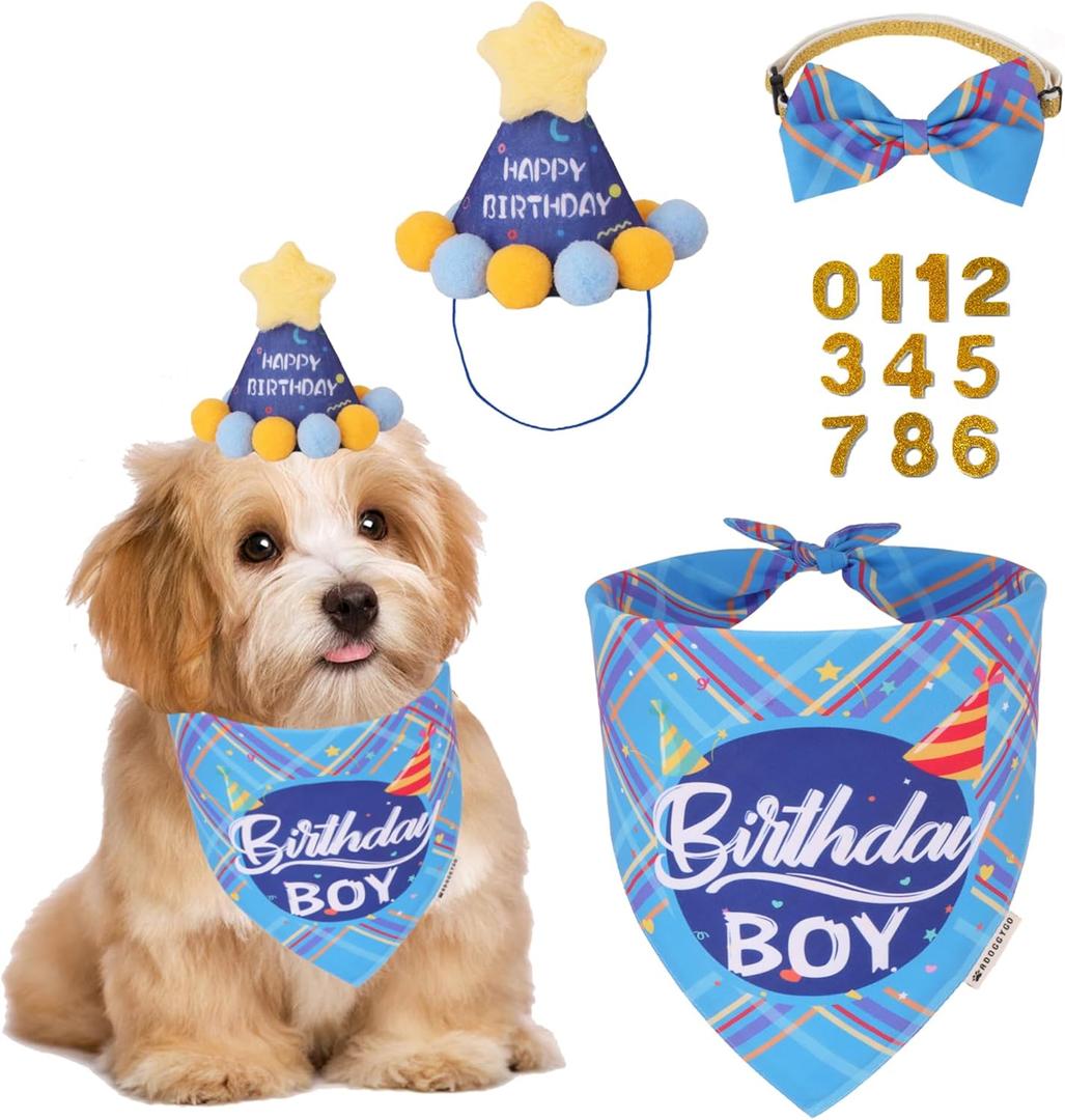 ADOGGYGO Dog Birthday Party Supplies, Blue Birthday Boy Puppy Bandana, Bowtie, Numbers, Party Hat for Small Dogs (Small)