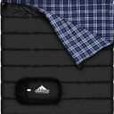 AGEMORE Cotton Flannel Double Sleeping Bag for Camping, Backpacking Or Hiking. Queen Size 2 Person Waterproof Sleeping Bag for Adults Or Teens. Lightweight with Compression Sack (Black/ Blue)