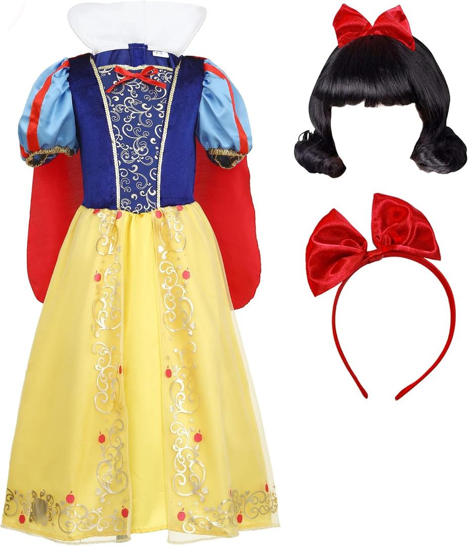 Webeasy Princess Costumes for Girls, Fancy Princess Costume with Wig Deluxe Girls Fancy Dress for Party Cosplay Halloween (3-4Years, Snow White)