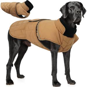 PUMYPOREITY Warm Dog Jacket, Reflective Winter Coat with Adjustable Hook & Loop, Fleece Snowsuit with Turtleneck, Water Resistant Cold Weather Coats for Small Medium Large Dogs, 2XL, Khaki