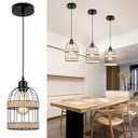 Senyshilon Rattan Pendant Lights Kitchen Island, 1-Lighting Boho Dining Room Light Fixtures/ Chandelier Over Table, Black Farmhouse Chandeliers for Dining Room, Kitchen Island, Entryway, Hallway