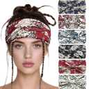 6 Pack Boho Style Women's Headbands, Non slip Fashion Wide Elastic hairband, Daily Sports Yoga Workout Women's Hair Bands,Floral Print,Red and Black (Type 5)
