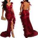 AlexQueen Women's Sexy Spaghetti Strap V Neck Mesh See Through Bodycon Sequin Gown Evening Dress with Slit (Red, L)