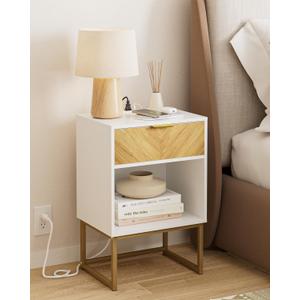 Nightstand with Charging Station, Boho Night Stand with Drawer Wood Farmhouse Bedside Table with Storage, End Side Accent Table for Bedroom,Living Room,White (Normal, White With Charging Station)
