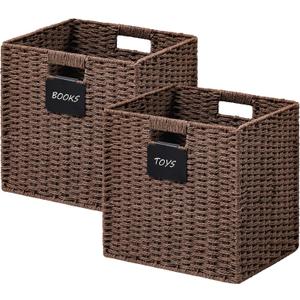 UBBCARE 2 Pack Wicker Basket, 1212 Storage Cubes with Label, Foldable Cube Storage Bin with Handle, Square Storage Basket for Shelves, Woven Paper Rope Basket for Organizing, Brown
