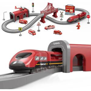Wdmiya Train Sets for Toddlers, 66 Pcs Trains Toy with Battery Operated & Tracks (Magnetic Connection), Compatible with Thomas, Brio, Christmas Toy Gifts for 3 4 5 6 7 8 Years Old (Fire Engines)