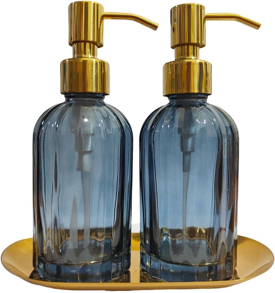 2PCS Soap Dispenser Set with Stainless Steel Tray, Thickened High-Gloss Blue Glass Bottle and Gold Stainless Steel Pump for Bathroom Kitchenblue soap Dispenser and Gift