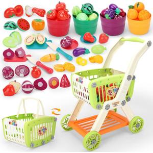 Kids Shopping Cart with Cutting Play Food Set for Kid Kitchen, 2 in 1 Shopping Cart for Kids Grocery Store Pretend Play Kitchen Accessories Sorting Food Bucket Learning Toys Gift for Toddler 3-5