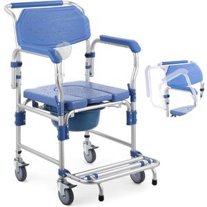 Bedside Commode Wheelchair with Drop Arms & Lockable Casters, Waterproof Aluminum Shower Chair, Anti-Tilt Foldable Footrest, Sponge Padded Seat, 330lbs Weight Capacity, 3 in 1 Bedside Commode Chair