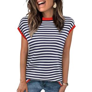 Cap Sleeve Tops for Women Summer Striped Short Sleeve Sweater Top Crew Neck Sleeveless Vest Spring Going Out Shirts, Blue, Large