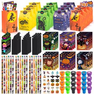 168PCS Halloween Party Favors for Kids, 24 Pack Halloween Stationery Gift Set, Halloween Goodie Bags Fillers Goodie Bag Stuffers for Kids, Trick or Treat, Classroom Prizes Reward