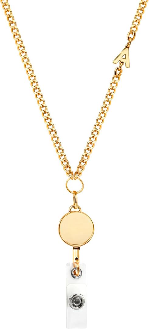 Gold Plated Retractable Badge Reel Lanyard with Initial Letter ID Holder for Women Fashionable Golden Chain Necklace Teacher Lanyard (a)