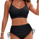 Blooming Jelly Womens High Waisted Bikini Sets Drawstring Tummy Control Swimsuits Crisscross Tie Back Bathing Suit (Large, Black)