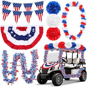 33 Pcs 4th of July Golf Cart Decoration Kit, Patriotic Parade American Fan Flag Tinsel Garland Tissue Paper Pompoms for Independence Day Memorial Day Decoration