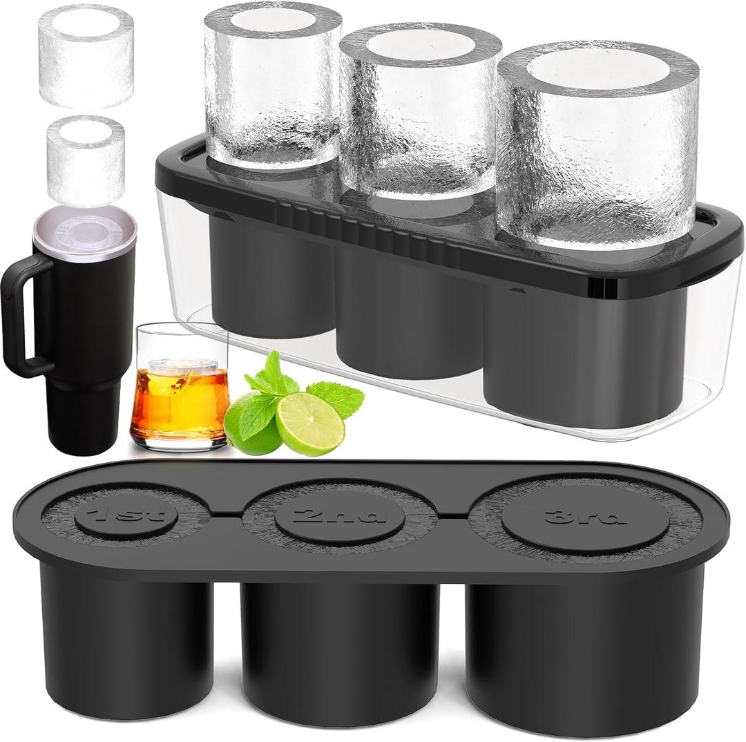 Ice Cube Tray for Tumbler Cup 30Oz-40Oz, 3 Pcs Silicone Cylinder Ice Mold with Lid and Bin for Freezer, Easy Fill and Release Ice Maker for Whiskey, Cocktail BPA-Free (Black)