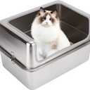 Stainless Steel Cat Litter Boxes with Metal Lid, Large Kitty Litter Pan with High Wall Enclosure-Odor Free&Easy to Clean (Silver-17.72*13.78*12 inches)