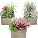 Mingfuxin Succulents Plants Artificial, Mini Assorted Green Fake Plants in Pots, Small Artificial Succulent Plant with Wood Potted for Bathroom Home Office Living Room Table Decor Indoor, Set of 3 (Symphony)