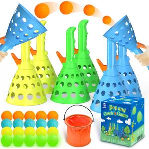 Pop and Catch Ball Game with 15 Ping Pong Balls, 5 Glow Balls and 6 Catch Launcher Baskets - Outdoor Indoor Game, Christmas Easter Party Favors Gifts Toys for Kids and Adults
