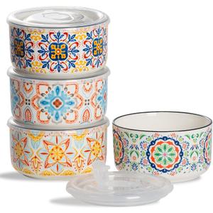 Ceramic Bowl with Lid: Microwave Safe Soup Containers Set of 4 for Meal Prep, Cereal, Salad, Picnic, Camping, Office Lunch, Kitchen Food Storage - 5 Inch, 20 oz, Design B
