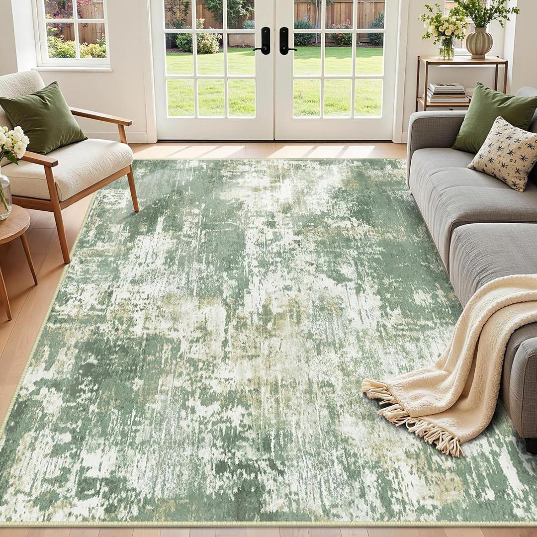 RELEANY Washable Area Rugs 9'x12' Non-Slip Modern Abstract Soft for Living Room Entryway Bedroom Nursery, Print Pattern, Light Green/Yellow