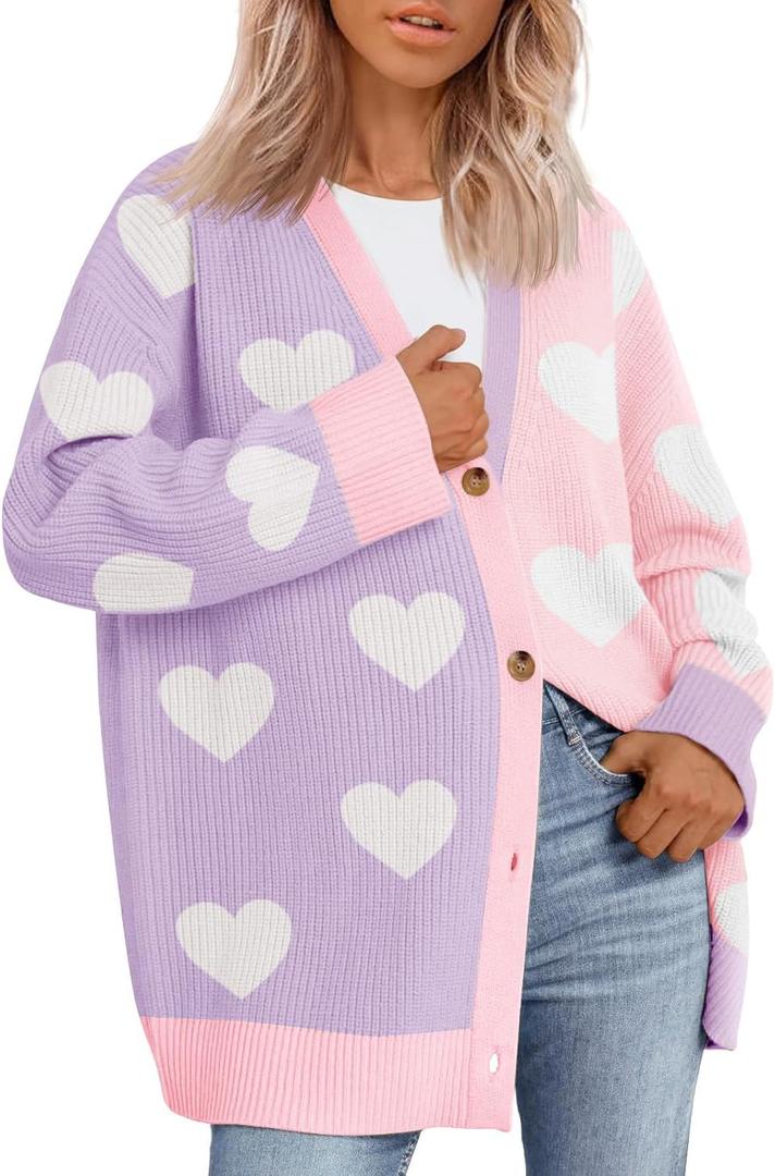 Saodimallsu Womens Heart Cardigan Sweaters Valentines Oversized Winter Color Block Button Up Cute Ribbed Sweater Coats (Small, Purple)