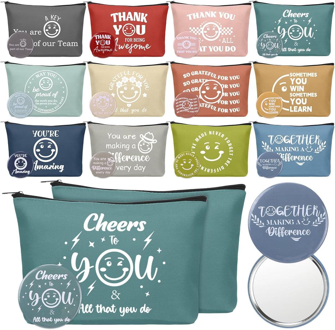 24 Pcs Employee Appreciation Gifts Bulk for Women Inspirational Valentines Gifts Smile Holiday Canvas Makeup Bags Compact Mirrors Thank You Present Bulk for Team Coworker Nurse Teacher