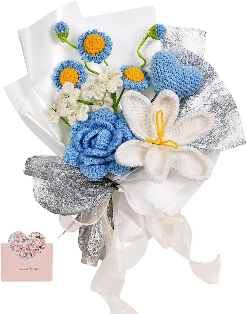 Crochet Flowers Bouquet, Crochet Rose Knitted Flower Bouquets for Valentine's Day, Mother's Day, Birthday for Woman, Man, Girlfriend, Wife, Lover, Mom (Blue-1)