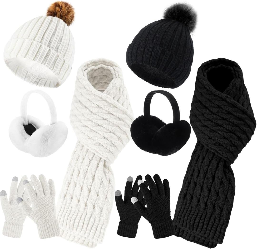 Suhine 8 Pcs Winter Hat Scarf Gloves Earmuff Set Knit Beanie Pompom Hat Warm Touch Screen Gloves for Women Men Adult (Black,white)