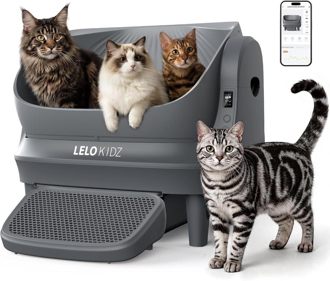 Self Cleaning Litter Box, Open Top 105L Automatic Litter Box for Multiple Cats, App Control, Safety Sensor, Anti-Pinch, Includes Liner - Gray