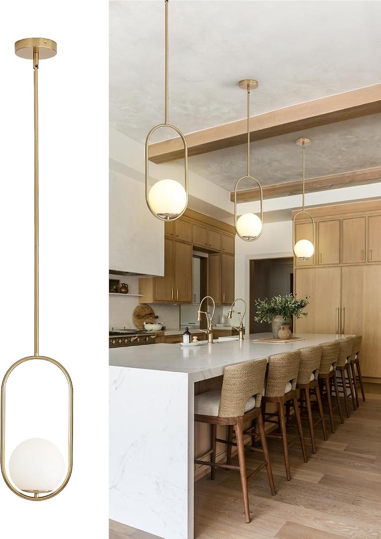 Yunnix 3 Pack Pendant Lights Kitchen Island, Pendant Light Fixtures, Modern Matte Gold Globe Glass Pendant Lighting, Brass Mid Century Chandelier One Light for Bathroom Bedroom Dining Room