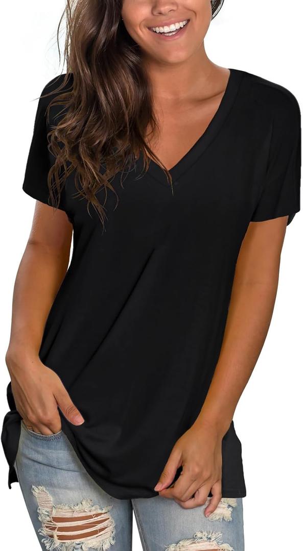 Sipaya Womens T Shirts Basic V Neck Tee Loose Fitting Casual Short Sleeve Tops (Medium, Black)