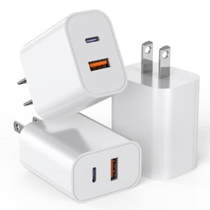 USB C Charger Block,3Pack 20W Dual Port USB C Wall Charger Plug Fast Charging Adapter USB A Quick Charging Brick Plug for iPhone Air/17 Pro Max/16E/16 ProMax/16Plus/15/14/13/12/11/XS,iPad Pro,AirPods (White)