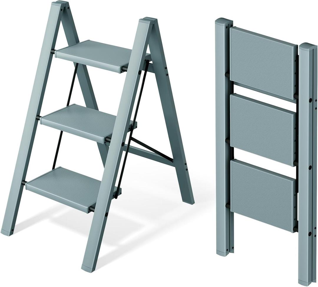 Mayi Plus 3 Step Ladder,Aluminum Folding Step Stool for Adults,Step Ladder with Wide Anti-Slip Pedal,330 lbs Capacity for Home,Office,Kitchen,Library(Blue)