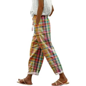 Palazzo Pants for Women Casual Multicolor Gingham Wide Leg Capri Pants 2025 Summer Boho Lounge Trousers with Pockets, XL 