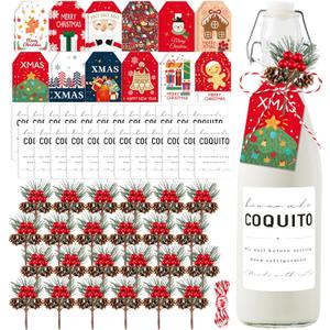 73 Pcs Christmas Coquito Wine Bottle Label Stickers and Pine Branches Include Artificial Pine Branches Stickers Christmas Bottle Tags with Hemp DIY Bottles Decoration for Xmas Holiday Party Supplies
