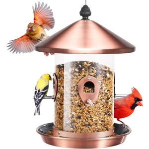 Kingsyard 4.5-Cups Large Metal Bird Feeders for Outdoors Hanging with 8 Ports, Tube Bird Feeder with Seed Tray, Weatherproof Squirrel Proof Roof for Cardinal Finch, Copper