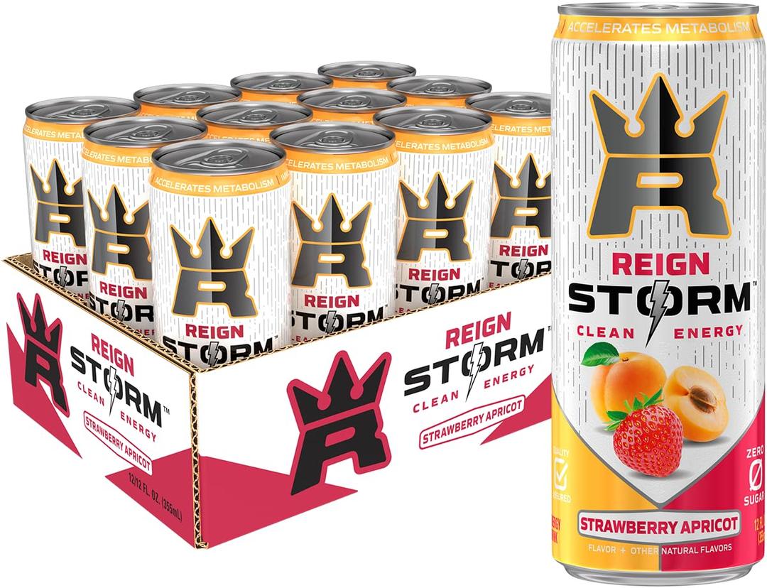 REIGN Storm, Strawberry Apricot, Fitness & Wellness Energy Drink, 12 Fl Oz (Pack of 12) Best By 01/2026