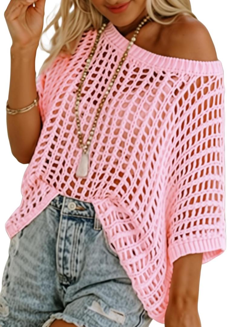 Dokotoo Womens Summer Scoop Neck Short Sleeve Sweater Casual Crochet Hollow Out Knit Tops Pullover Shirts Beach Coverup (Medium, Pink)