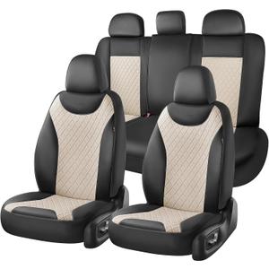 Coverado Front and Back Seat Covers, 5-Pack Universal Seat Covers for Cars, Leather & Fabric Splicing Design Car Seat Protectors, Waterproof Seat Cushions Universal for Most Vehicles, Black & Beige