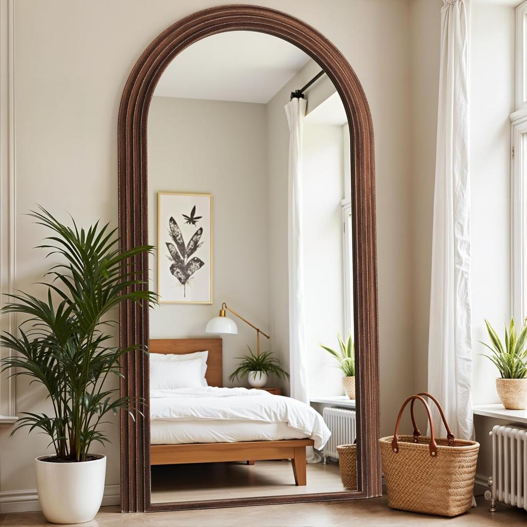 Antok Full Length Mirror 76"41" Floor Mirror Standing Tall Mirror, Arched Stand up Large Wall Mirrors, Freestanding Full Body Mirrors for Bedroom Living Room Wood Vintage Style Nature