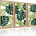 TOARTi 3PCS Framed Tropical Green Leaf Wooden Wall Art Set(16x32 inches), Botanical Palm Leaves Wall Sculptures, 3D Hollow Abstract Nature Wall Decor for Home Bedroom Living Room