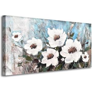 Magnolia Canvas Wall Art for Living Room White and Blue Flower Pictures Textured Floral Painting Bedroom Wall Decor 40x20 Inches