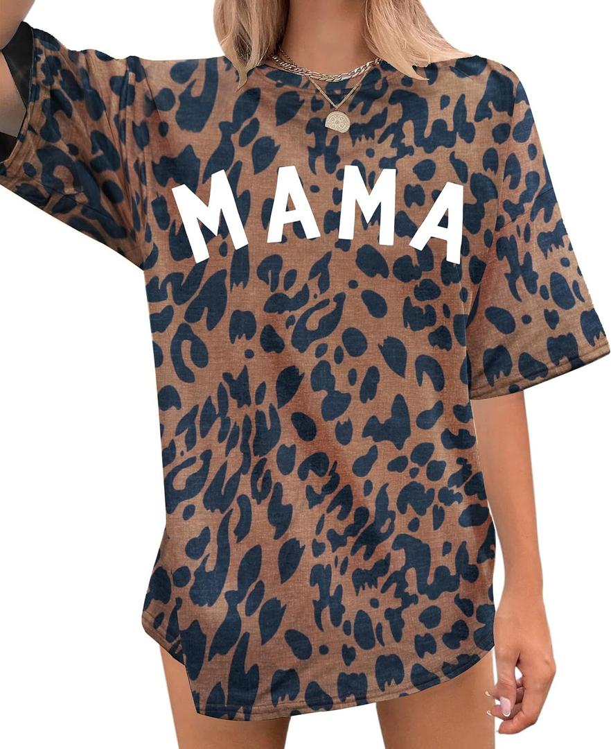 Women's Mama Shirt: Oversized Mama Shirts Trendy Mom T Shirt Loose Casual Summer Shirts Letter Print Short Sleeve Tops (X-Large, Leopard)