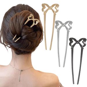 2 x 3PCS French Bow Twist Hair Pins for Women,Vintage U Shaped Black Silver Gold Metal Hair Forks for Long Thick Hair,2 Long Prong Chignon Hair Sticks for Bun,Large Cute Long Hairpins for Updos