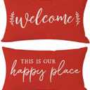 PANDICORN Farmhouse Lumbar Decorative Throw Pillow Covers 12x20 Set of 2 Welcome This is Our Happy Place Red Outdoor Christmas Front Porch Patio Decorations Cushion Cases for Home Couch Bench Decor
