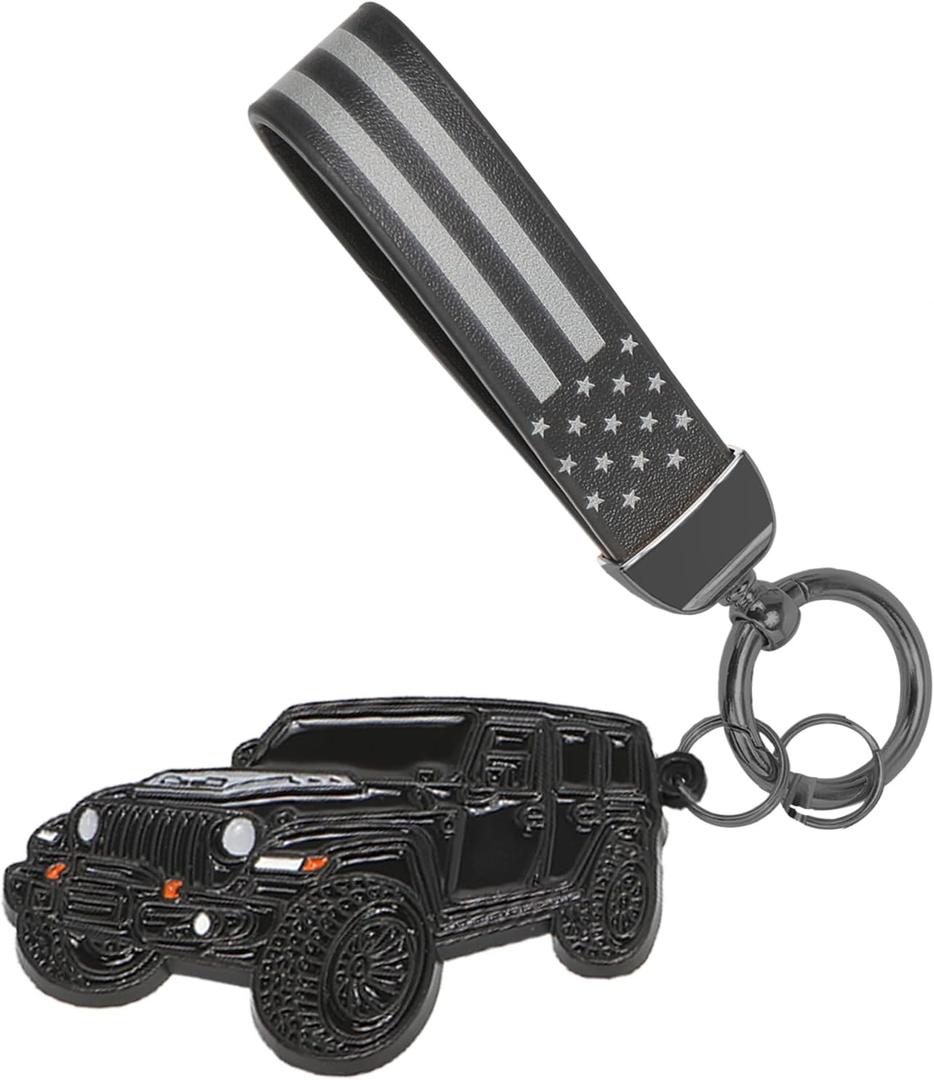 Keychain with American Leather Flag Metal Keychain for Jeep Wrangle (Black)