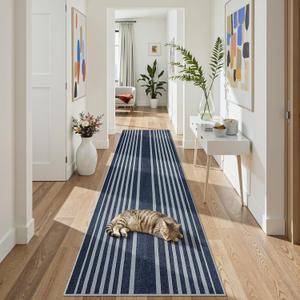 Beeiva Striped Blue Runners for Hallways, 2.5x8 Washable Bathroom Runner with Rubber Backed, Non Slip Soft Low Pile Indoor Floor Carpet for Kitchen Bedroom Porch High Traffic Areas