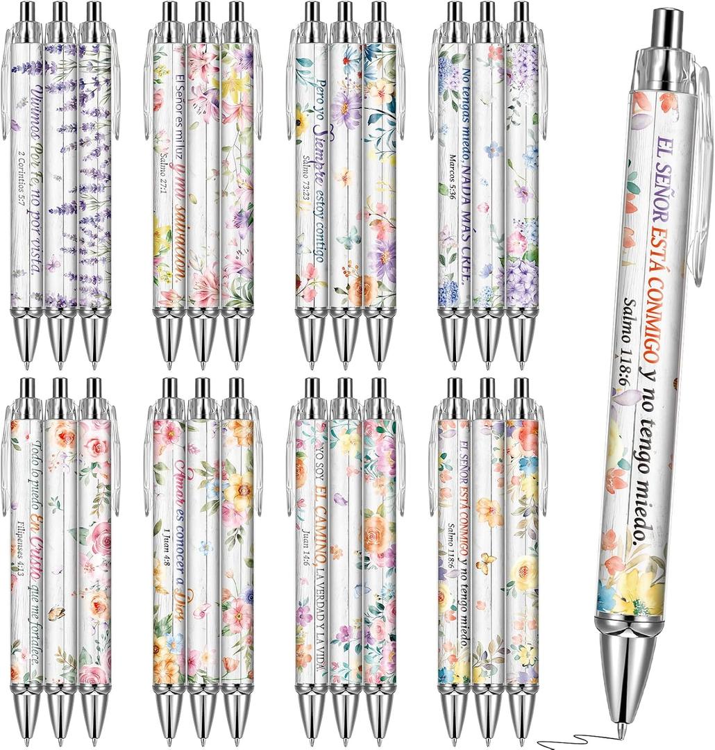 Spanish Bible Ballpoint Pens - 24 Pcs Christian Scripture Verse Retractable Ball point Pen Black Ink Inspiration Religious Gifts for Women Floral Regalos Cristianos Church Office Essentials