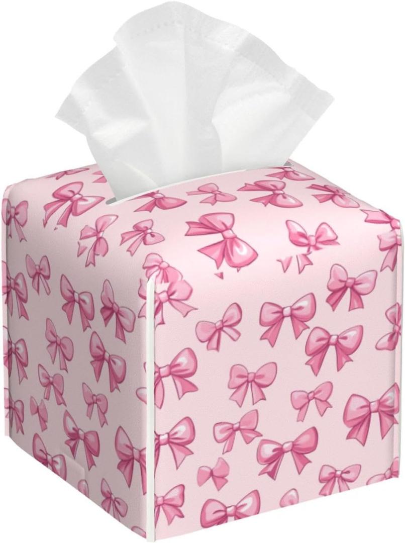 Cute Bows Tissue Box Cover Square Leather Tissue Case Holder Facial Paper Organizer Decorative for Tabletop Night Stands Desk Bathroom Kitchen Car Office Home Decor